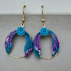 Handcrafted Floral Dangle Earrings Silver Tone & Polymer Clay Blue Flower